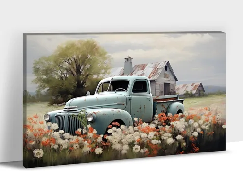 Miniatura 22 de Lienzo de pared de camión antiguo de granja, arte de pared de granero rústico, impresiones de lienzo de camioneta vintage de campo, impresiones