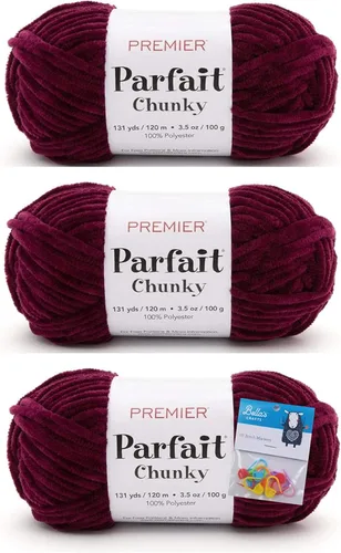 Miniatura 16 de Premier Yarns Parfait - Hilo de felpilla grueso, 3.5 onzas, peso súper voluminoso, paquete de 3 unidades con soportes para punto de Bella (chocolate)