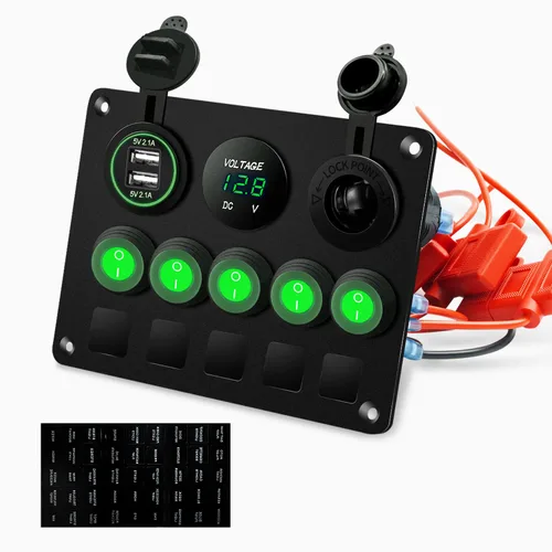 Miniatura 10 de Panel de Interruptores Basculantes Marinos de Barco de 5 Posiciones Azul Mejorado con Disyuntores, Panel de Interruptores Impermeable con Fusible