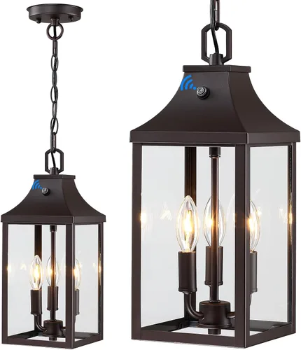 Lámpara colgante grande de 15.5 pulgadas para exteriores, 3 luces, del atardecer al amanecer, lámpara colgante para exteriores, lámpara colgante