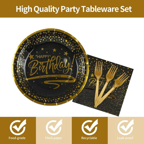 Miniatura 3 de 72 PIEZAS Platos y Servilletas de Feliz Cumpleaños Suministros para Fiestas, Platos y Servilletas de Papel con Puntos Negros y Dorados con Tenedores