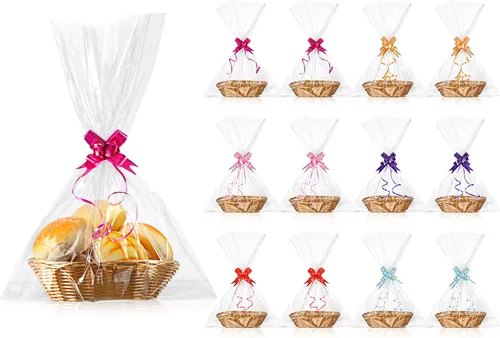 Jetec 12 piezas de cestas para regalos vacías, canasta tejida de 9 x 6 x 2.24 pulgadas con 60 lazos de tirar coloridos y 30 bolsas transparentes,