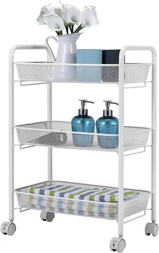 POCHY Carrito de servicio de 3 niveles de acero al carbono, carrito de almacenamiento móvil con ruedas, mesa auxiliar moderna, carrito de bebidas