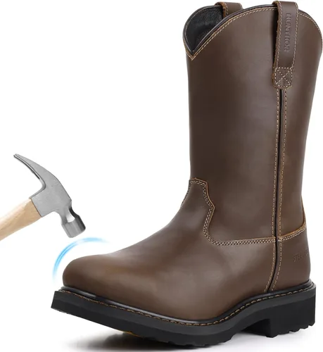 Botas de trabajo con punta de acero para hombre, a prueba de pinchazos con suela media de EVA, GoodyearWelt, cuero de grano completo, resistente al