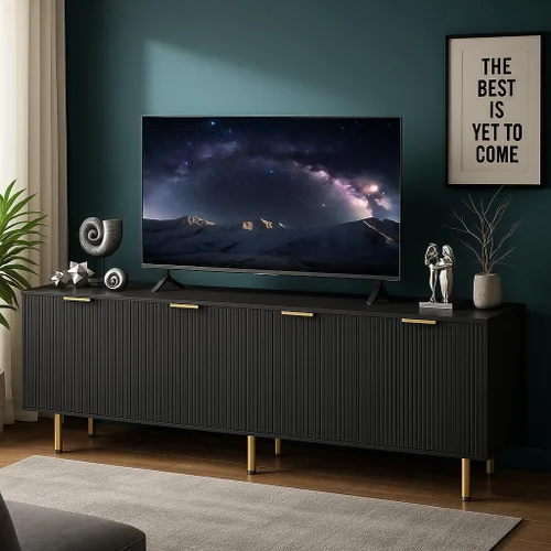 Miniatura 4 de Soporte de TV para TV de 80 pulgadas, soporte de TV acanalado para sala de estar, soporte de TV moderno de mediados de siglo con estante ajustable
