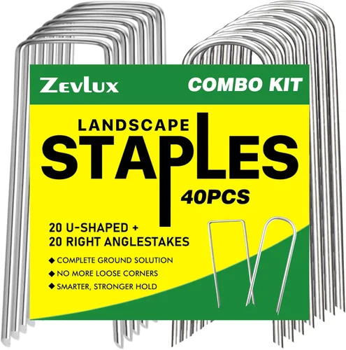 Juego combinado de 40 grapas de paisaje de 4 pulgadas, 20 en forma de U y 20 estacas de jardín galvanizadas en ángulo recto para barrera de malezas,