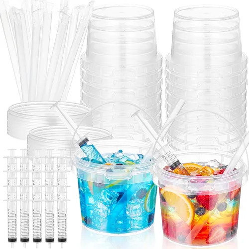 Willinglong Juego de 20 cubos de plástico transparente de 16 onzas para bebidas con pajitas, tapas y jeringas para bebidas, tazas de café helado