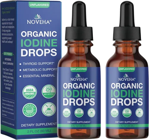 NOVEHA Gotas de yodo | Suplemento orgánico de yoduro de potasio | Apoyo diario para la función tiroidea y el bienestar | 250 mcg por porción | USDA