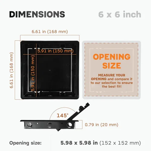 Miniatura 2 de Panel de acceso de plástico negro de 6" x 6". Panel de puerta de conducto de servicio. Panel de acceso de pared para fontanería, electricidad