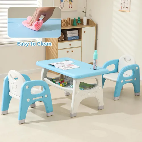 Miniatura 6 de Hulaibit Juego de mesa y 2 sillas para niños, juego de mesa y sillas para niños pequeños con estante de almacenamiento integrado grande, mesa
