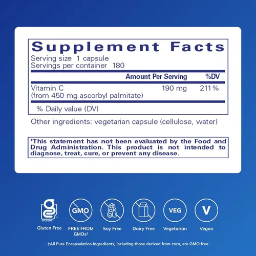Miniatura 2 de Pure Encapsulations Palmitato de ascorbilo Suplemento de vitamina C para apoyar la absorción de hierro y un sistema inmunológico saludable* 180