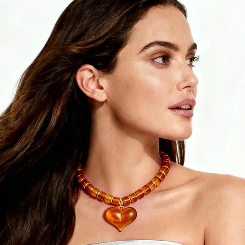 Miniatura 3 de Dr's gift Collar grueso para mujer, collar de corazón con dije de corazón de acrílico naranja, gargantilla de cuentas gruesas ámbar con colgante