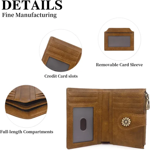 Miniatura 5 de Billetera para mujer, con bloqueo RFID, de piel de microfibra, compacta, plegable, con ventana de identificación extraíble (marrón)