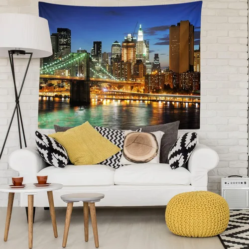 Miniatura 3 de Loccor Tapiz de la ciudad de Nueva York, puente de Brooklyn, Manhattan, horizonte nocturno, río Hudson, tapiz de pared de rascacielos urbano