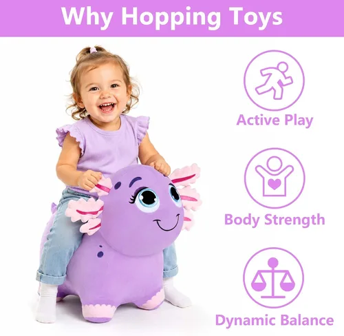 Miniatura 2 de Bouncy Pals Caballo saltador de ajolote morado, tolva inflable de animales para niñas pequeñas, juguete de salto al aire libre para niños, juguete