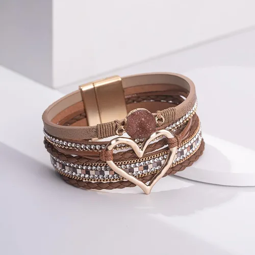Miniatura 6 de FANCY SHINY Pulseras de cuero con forma de corazón, apilables, bohemias, pulseras de diamantes de imitación de resina de moda con cierre magnético