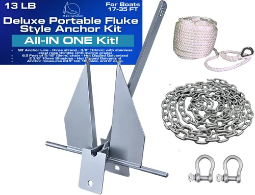 MarineNow Fluke - Kit de anclaje galvanizado en caliente con cadena, cuerda marina de 98 pies y grilletes | Elige barcos de 5 libras (10 a 18 pies),