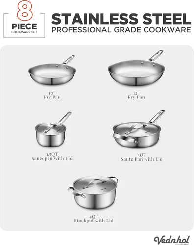 Miniatura 3 de Juego de utensilios de cocina de acero inoxidable, 8 piezas de ollas y sartenes de capa triple, libre de PFOA y PTFE, apto para lavavajillas