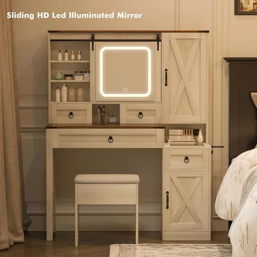 Miniatura 9 de Farmhouse Makeup Vanity Desk with Sliding Mirror and Lights, 42 Wood Vanity Table Set with Glass Top, Power Outlets, Jewelry Storage Cabinet, 4