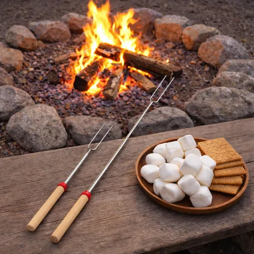 Miniatura 7 de Smores Sticks para hoguera, palos para asar malvaviscos de 32 pulgadas, tenedores extensibles de acero inoxidable con asas de madera, kit de 8
