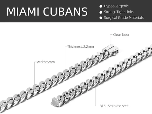 Miniatura 2 de CaptainSteeL Miami - Collar de cadena cubana para hombresmujeres, acero inoxidable 316L, 50.354 in de ancho, 18202224 pulgadas de largo, joyería