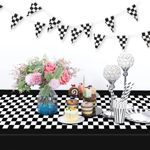 Miniatura 5 de Tallew Suministros de fiesta de automóvil a cuadros, mantel desechable de plástico para mesa de carreras en blanco y negro, camino de mesa
