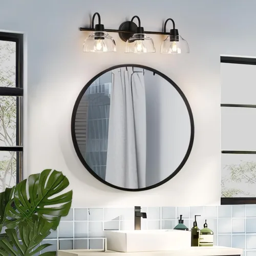 Miniatura 5 de KSANA Lámpara de baño negra, lámpara de tocador de 3 luces con pantalla de cristal transparente de gran apertura, moderna lámpara de pared de granja