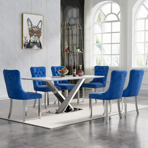 Miniatura 51 de Juego de mesa de comedor de 7 piezas con sillas, mesa de comedor de mármol sintético y sillas beige para 6, juego de mesa de comedor de oro blanco