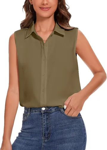 Miniatura 7 de YAMANMAN Camisa sin mangas con botones para mujer, blusa clásica con cuello redondo, camiseta básica de gasa para el trabajo y la oficina