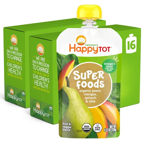 Happy Tot Etapa orgánica 4 Super Foods Peras Mangos y espinacas + Super Chia, 4.22 onzas Bolsa (Paquete de 16) (Embalaje puede variar) Sin GMO