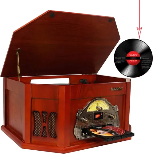 Miniatura 2 de Boytone BT-25CH 8-en-1 Sistema de tocadiscos clásico de madera natural estéreo con conexión Bluetooth, reproductor de discos de vinilo, AM/FM, CD