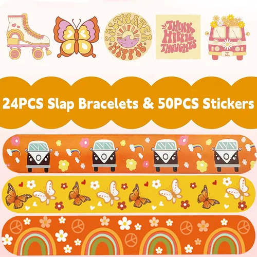 Miniatura 4 de CZWXOXO 74 recuerdos de fiesta temáticos geniales que contienen 24 pulseras hippie, 50 calcomanías temáticas bohemias, recuerdos de fiesta boho