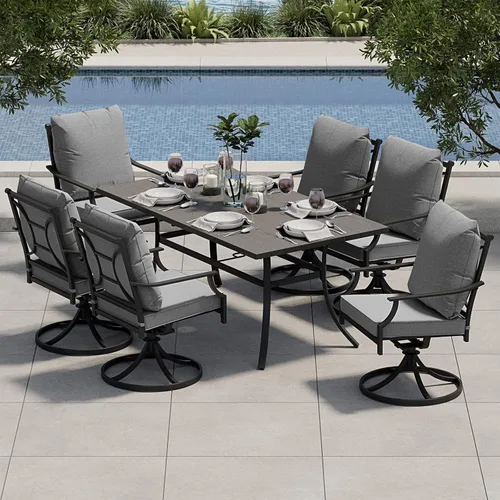 Grand patio Juego de comedor de patio de 7 piezas para 6, juego de comedor al aire libre con revestimiento electrónico, sillas de comedor giratorias