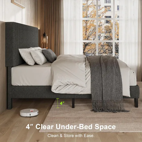 Miniatura 7 de Einhomn Base de cama tamaño Queen con cabecero, base de cama tapizada de lino con listones de madera maciza, sin ruido, no necesita somier, fácil