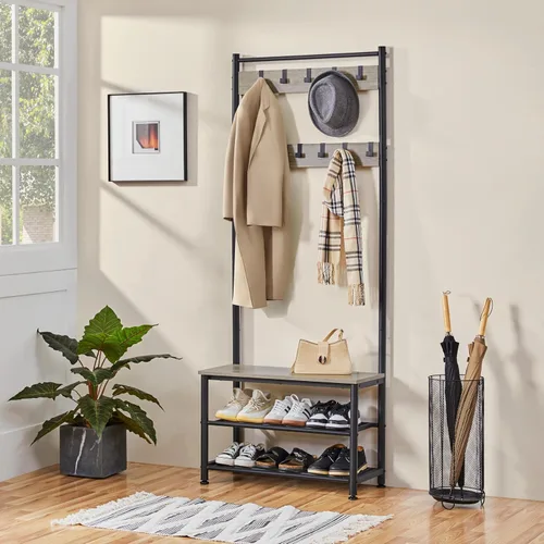 Miniatura 2 de Yaheetech Perchero, árbol de pasillo con banco de zapatos, almacenamiento de zapatos de entrada con perchero, 9 ganchos móviles, muebles de entrada