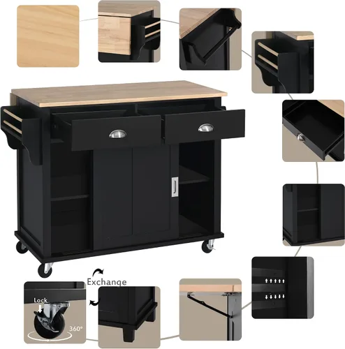 Miniatura 5 de Olela Carrito de isla de cocina con hojas colgantes de madera, mesa de cocina rodante con armario de almacenamiento y toallero, estante ajustable