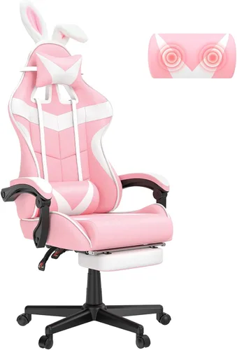 Miniatura 13 de Soontrans Silla de juegos azul claro con reposapiés, bonita silla de videojuegos de conejo, silla de escritorio Kawaii para nieta, hermana, novia