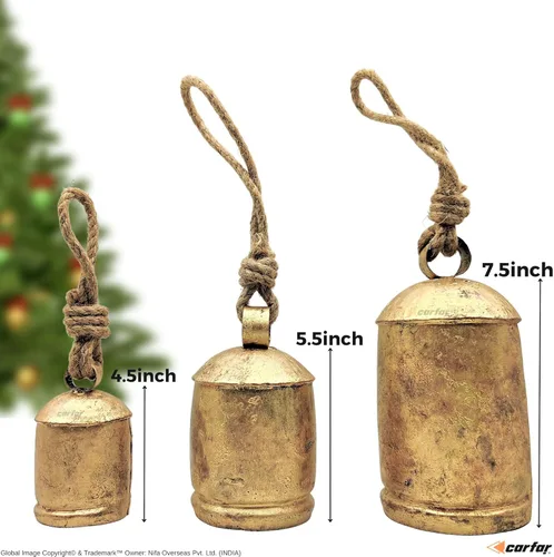 Miniatura 2 de Shabby Chic - Juego de 3 campanas rústicas de estilo rústico hechas a mano de metal Harmony Christmas Colgantes Campanas de vaca en cuerda de yute