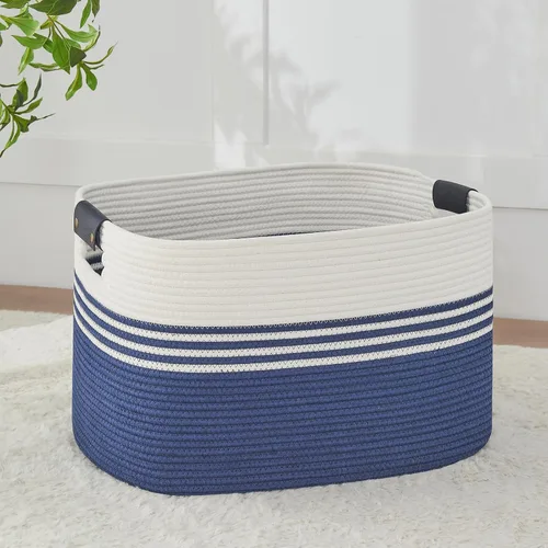 Miniatura 12 de AINUOQI Cesta de Ropa Sucia Grande Cesta de Lavandería con Asas de Cuero, Cesta de Almacenamiento Decorativa de Cuerda de Algodón Tejida para Yute