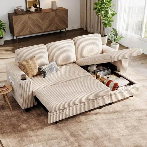 LINSY HOME Sofá cama modular extraíble para sala de estar (beige, sofá cama 1) | Sofá cama extraíble, almacenamiento, carga USB, portavasos, pana de