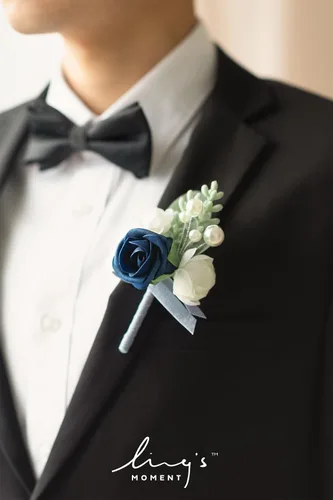 Miniatura 2 de Ling's Moment Paquetes de flores de boda prearreglados en azul polvoriento y azul marino, paquete de boutonnieres y ramilletes de muñeca