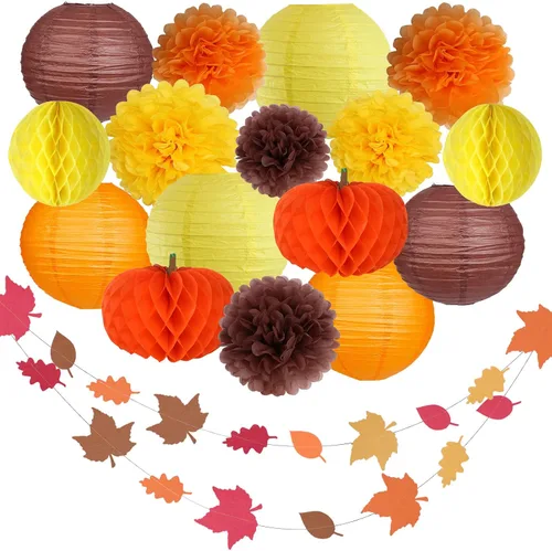 Kit de suministros de decoración de fiesta de Acción de Gracias, farol de papel colgante, bola de panal, pompones, flores, calabazas, guirnalda de