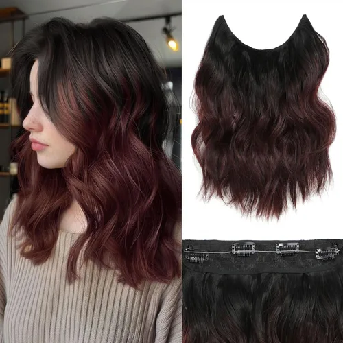 Miniatura 58 de Extensiones de cabello con halo de 12 pulgadas con alambre invisible, cabello largo ondulado ajustable, sintético, mejora con 4 clips de seguridad