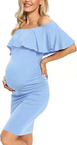 Miniatura 2 de Vestido de maternidad ajustado con volantes y hombros descubiertos, vestido de embarazo formal para baby showerfotografía