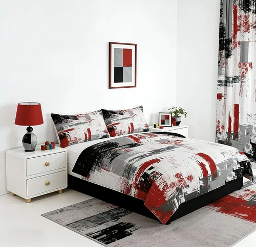 Miniatura 2 de Feelyou Edredón Abstracto Juego de Edredón de Arte Abstracto Moderno para Niños y Niñas Juego de Ropa de Cama con Patrón Rojo Gris Negro Decoración