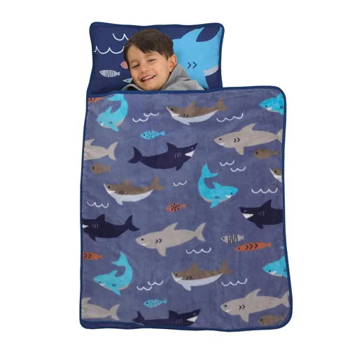 Everything Kids Tapete para siesta de tiburón azul y gris con almohada y manta, gris, azul, azul marino, naranja Tiburón - Azul/Gr