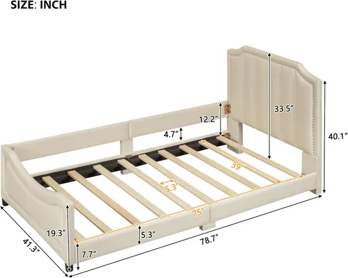 Miniatura 2 de Quarte Sofá cama tapizado de tamaño individual con cabecero clásico en forma de rayas, bonita cama de plataforma para niños y niñas