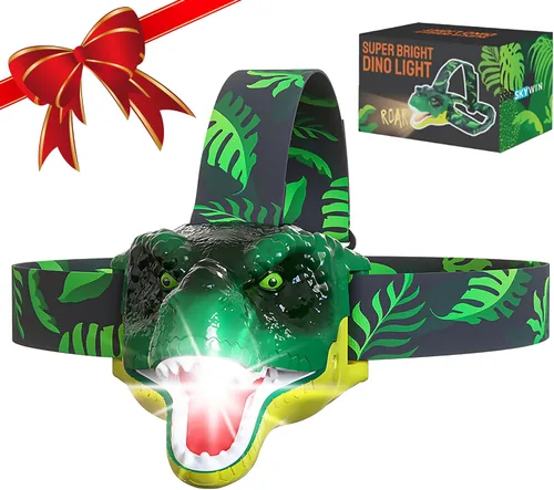 Skywin Faros delanteros de dinosaurio para niños con sonido rugiente, linterna LED para niños, artículos de camping, linternas para niños y niñas,