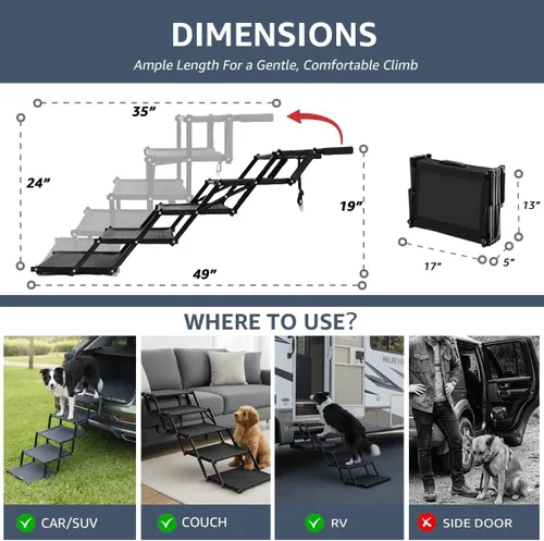 Miniatura 2 de Oiilores Escaleras plegables para perros grandes, rampa extra ancha para mascotas, para automóviles, SUV, superficie antideslizante, soporta hasta