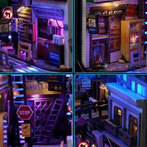 Miniatura 5 de Decoración de estantería de estantería de casa de muñecas DIY, kit de rincón de libros, rompecabezas de madera 3D con iluminación LED, estante
